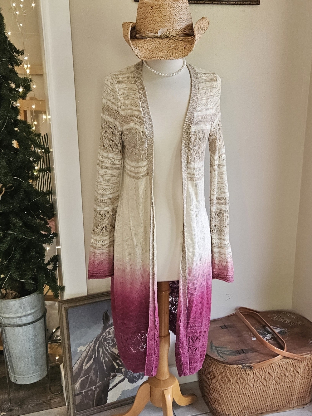 Maurices Cream to Pink Ombre Open-Front Long Cardigan Duster